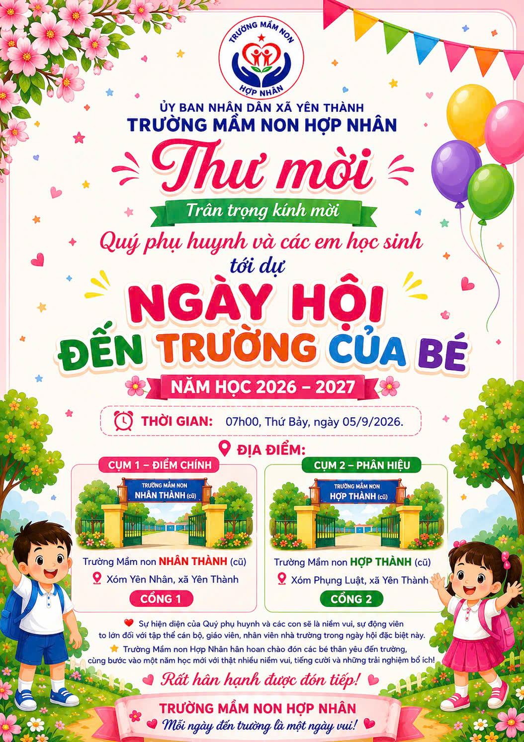 💕 THƯ MỜI 💕 🎉 NGÀY HỘI ĐẾN TRƯỜNG CỦA BÉ 🎉 🌸 NĂM HỌC 2026 – 2027 🌸